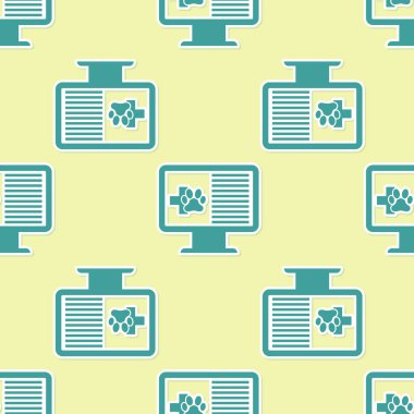 Monitör simgesi üzerinde Yeşil Tıbbi klinik kayıt pet sarı arka plan üzerinde izole dikişsiz desen. Sağlık sigortası formu. Reçete, tıbbi kontrol izleri raporu. Vektör İllüstrasyonu