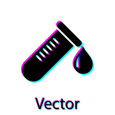 Siyah Test tüpü veya şişe kan simgesi damla beyaz arka plan üzerinde izole ile. Laboratuvar, kimyasal, bilimsel cam işareti. Vektör İllüstrasyonu