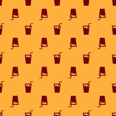 Kırmızı Cam su ve tüp içme simgesi kahverengi arka plan üzerinde izole dikişsiz desen. Soda camı. Vektör İllüstrasyonu