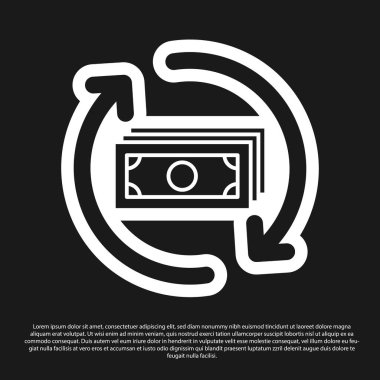 Siyah arka planda yalıtılmış Black Refund para simgesi. Finansal hizmetler, nakit iade kavramı, para iadesi, yatırım getirisi, tasarruf hesabı. Vektör İllüstrasyonu