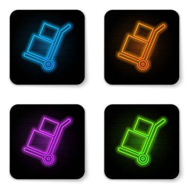 Parlayan neon El kamyon ve kutular simgesi beyaz arka plan üzerinde izole. Dolly sembolü. Siyah kare düğme. Vektör İllüstrasyonu