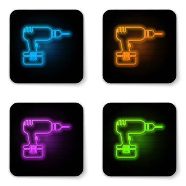 Beyaz arka planda yalıtılmış parlayan neon Matkap makinesi simgesi. Siyah kare düğme. Vektör İllüstrasyonu