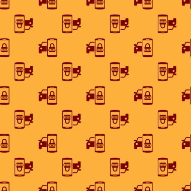 Kırmızı Akıllı araba güvenlik sistemi simgesi kahverengi arka plan üzerinde sorunsuz desen izole. Akıllı telefon kablosuz araç güvenliğini kontrol eder. Vektör İllüstrasyonu