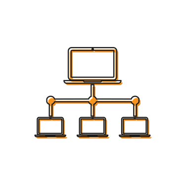 Turuncu Bilgisayar ağ simgesi beyaz arka planda yalıtılmış. Dizüstü bilgisayar ağı. İnternet bağlantısı. Vektör İllüstrasyonu
