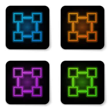 Beyaz arka planda izole edilmiş parlayan neon Blockchain teknoloji simgesi. Cryptocurrency veri işareti. Soyut geometrik blok zincir ağ teknolojisi iş. Siyah kare düğme. Vektör İllüstrasyonu