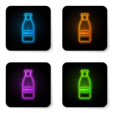 Beyaz arka plan üzerinde izole süt ve kap simgesi ile Parlayan neon Kapalı cam şişe. Siyah kare düğme. Vektör İllüstrasyonu
