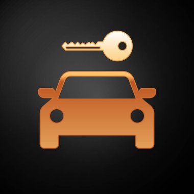 Altın Araba kiralama simgesi siyah arka plan üzerinde izole. Araba tabelası kirala. Araba ile anahtar. Otomobil tamir servisi, yedek parça deposu için konsept. Vektör İllüstrasyonu