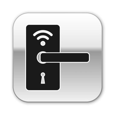 Beyaz arka planda yalıtılmış simge kilidini açmak için kablosuz teknolojiye sahip Siyah Dijital kapı kilidi. Kapı kolu işareti. Kavramın güvenlik akıllı ev. Gümüş kare düğme. Vektör İllüstrasyonu