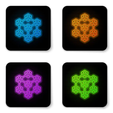 Beyaz arka planda izole edilmiş parlayan neon Blockchain teknoloji simgesi. Cryptocurrency veri işareti. Soyut geometrik blok zincir ağ teknolojisi iş. Siyah kare düğme. Vektör İllüstrasyonu