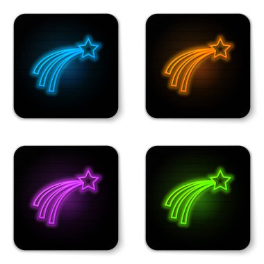 Beyaz arka planda izole edilmiş parlayan neon Falling yıldız simgesi. Yıldız izi olan kayan yıldız. Meteoroid, göktaşı, kuyruklu yıldız, asteroit, yıldız simgesi. Siyah kare düğme. Vektör İllüstrasyonu