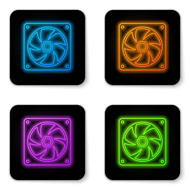 Beyaz arka planda yalıtılmış parlayan neon Bilgisayar soğutucu simgesi. Pc donanım fan. Siyah kare düğme. Vektör İllüstrasyonu