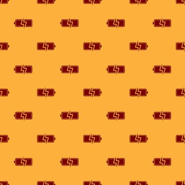 Kırmızı Pil simgesi kahverengi arka plan üzerinde sorunsuz desen izole. Yıldırım sembolü. Vektör İllüstrasyonu