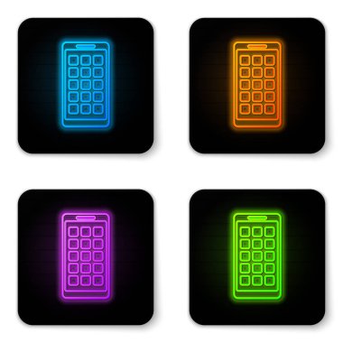 Beyaz arka planda yalıtılmış parlayan neon Mobile Apps simgesi. Ekran simgeleri, uygulamaları ile akıllı telefon. ekran gösteren cep telefonu. Siyah kare düğme. Vektör İllüstrasyonu