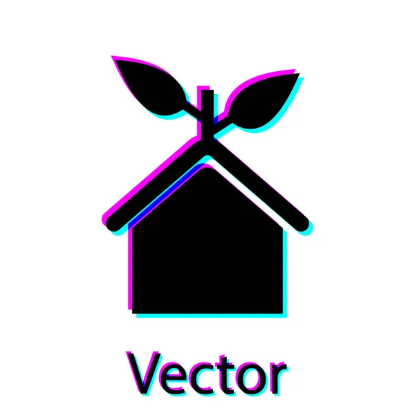 Negro Eco icono de la casa amigable aislado sobre fondo blanco. Eco casa con hoja. Ilustración vectorial — Vector de stock