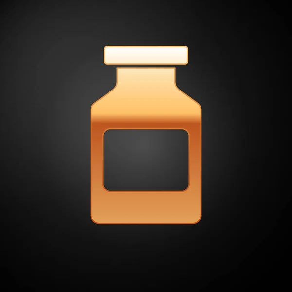 黒の背景に単離されたゴールド医学ボトルアイコン.瓶の丸薬のサイン。薬局の設計。ベクターイラスト — ストックベクタ