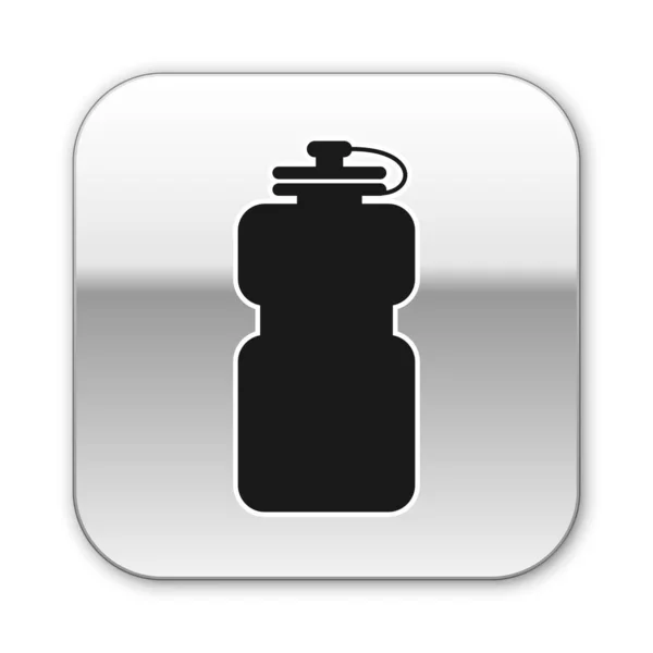 Чорна пляшка спорту з водяним значком ізольована на білому тлі. Срібна квадратна кнопка. Векторна ілюстрація — стоковий вектор