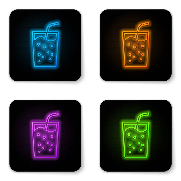 Gloeiende neon glas met water icoon geïsoleerd op witte achtergrond. Soda drinkglas met drink stro. Vers koud drank symbool. Zwarte vierkante knop. Vector illustratie — Stockvector