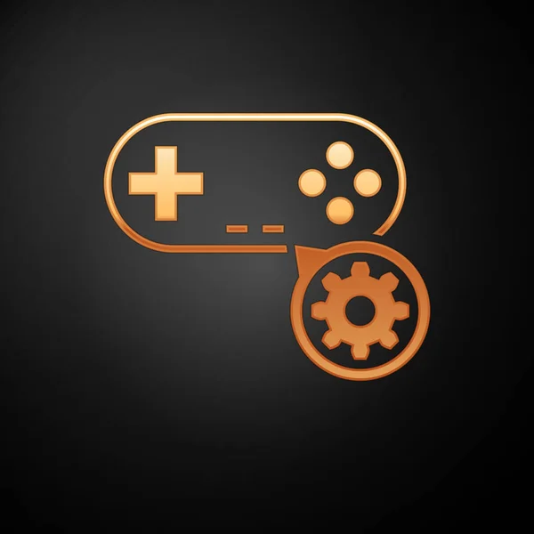 ゴールドのゲームパッドとギアアイコンは、黒の背景に隔離されています。アプリ、サービスコンセプト、設定オプション、メンテナンス、修理、固定の調整。ベクトルイラストレーション — ストックベクタ