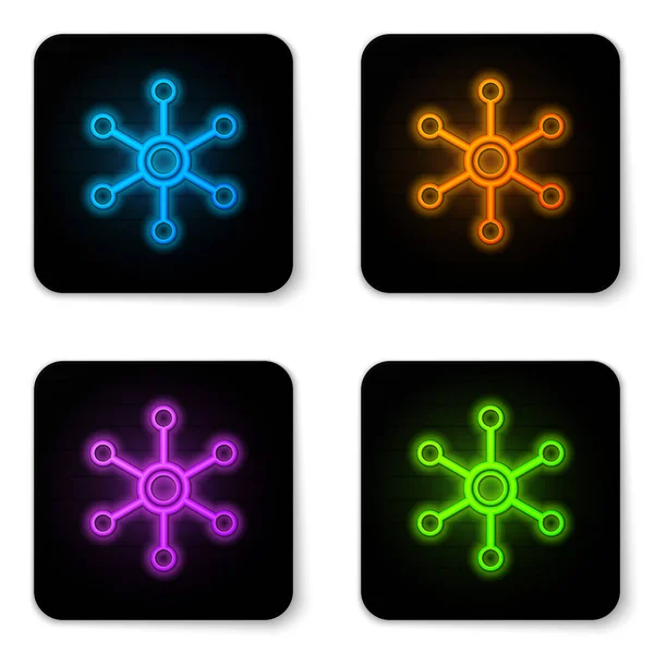 Leuchtende Neon-Netzwerk-Symbol isoliert auf weißem Hintergrund. globale Netzwerkverbindung. globale Technologie oder soziales Netzwerk. Punkte und Linien verbinden. schwarzer quadratischer Knopf. Vektorillustration — Stockvektor