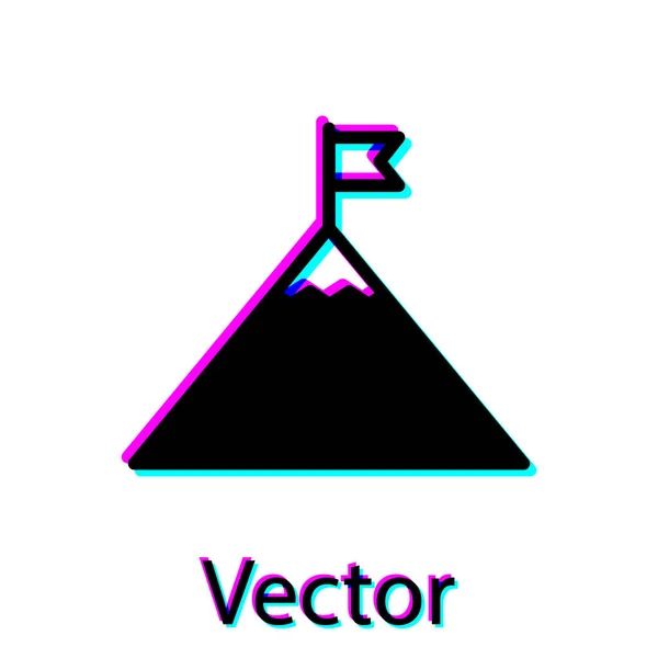 Montanhas pretas e bandeira no ícone superior isolado no fundo branco. Símbolo de vitória ou conceito de sucesso. Ilustração vetorial — Vetor de Stock