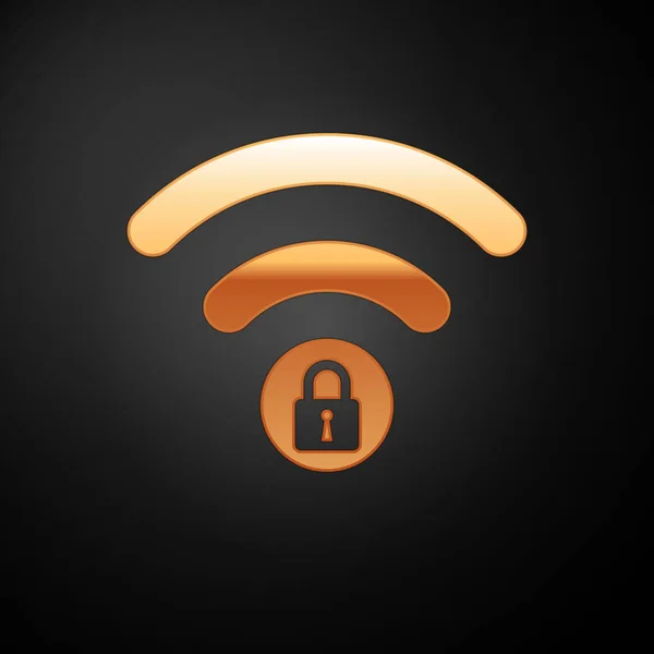 Icône de signe verrouillé Wifi or isolé sur fond noir. Mot de passe symbole Wi-Fi. icône de réseau sans fil. Zone Wifi. Illustration vectorielle — Image vectorielle