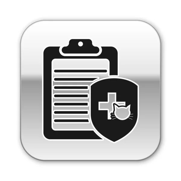 Clipboard preto com registro clínico médico pet ícone isolado no fundo branco. Formulário de seguro de saúde. Relatório de marcas médicas. Botão quadrado de prata. Ilustração vetorial — Vetor de Stock