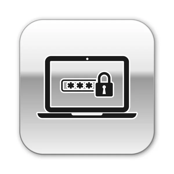 黑色笔记本电脑与密码通知和锁定图标隔离在白色背景。安全概念、个人访问、用户授权、登录表单。银色方形按钮。矢量插图 — 图库矢量图片
