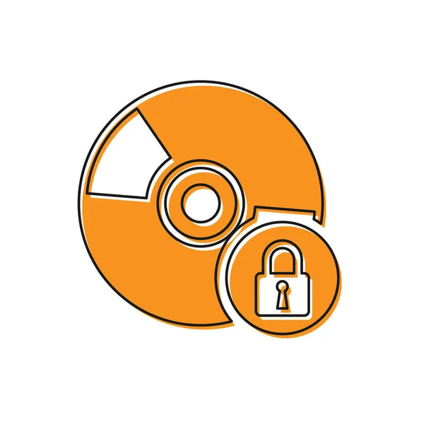 CD o DVD naranja con icono de candado cerrado aislado sobre fondo blanco. Signo de disco compacto. Seguridad, seguridad, concepto de protección. Ilustración vectorial — Vector de stock