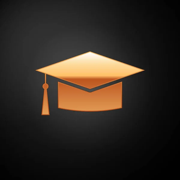 Gouden afstuderen Cap pictogram geïsoleerd op zwarte achtergrond. Afstuderen hoed met kwast pictogram. Vector illustratie — Stockvector
