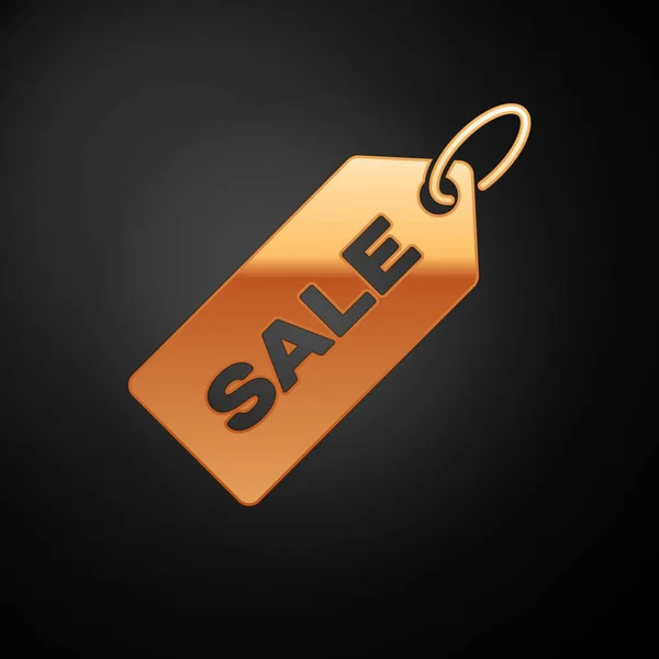Gold Price tag s nápisem Prodej ikony izolované na černém pozadí. Odznak za cenu. Promo tag sleva. Vektorová ilustrace — Stockový vektor