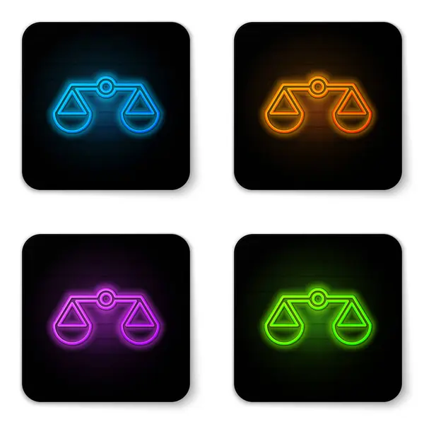 Glowing neon Scales of justice icon isolated on white background. Court of law symbol. Balance scale sign. Black square button. Vector Illustration — Stock Vector