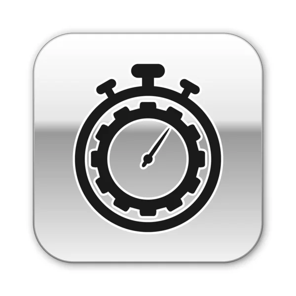 Icono de gestión del tiempo negro aislado sobre fondo blanco. Señal de reloj y engranaje. Símbolo de productividad. Botón cuadrado plateado. Ilustración vectorial — Vector de stock