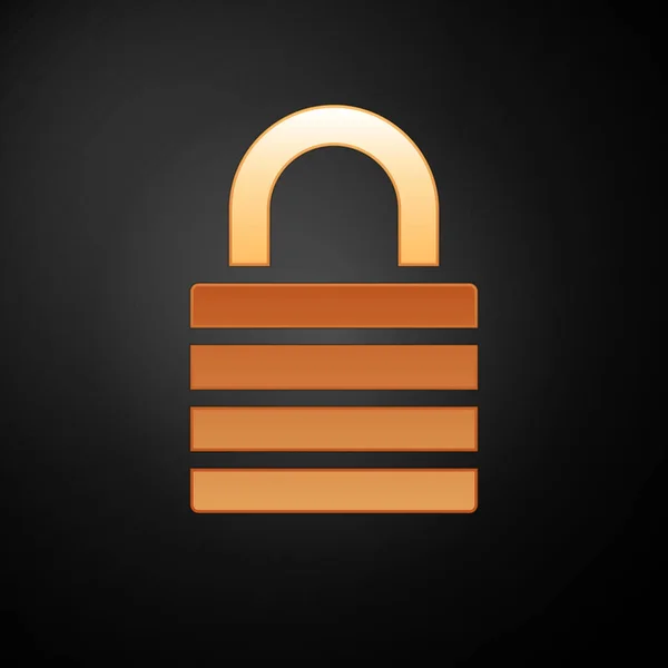 Icona Gold Lock isolata su sfondo nero. Segno del lucchetto. Sicurezza, protezione, protezione, privacy. Illustrazione vettoriale — Vettoriale Stock