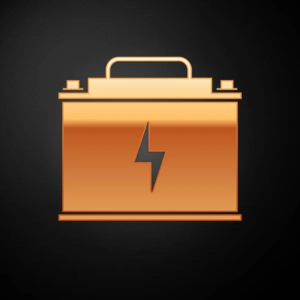 Gold Car battery icon isolated on black background. Accumulator battery energy power and electricity accumulator battery. Lightning bolt symbol. Vector Illustration — Stock Vector