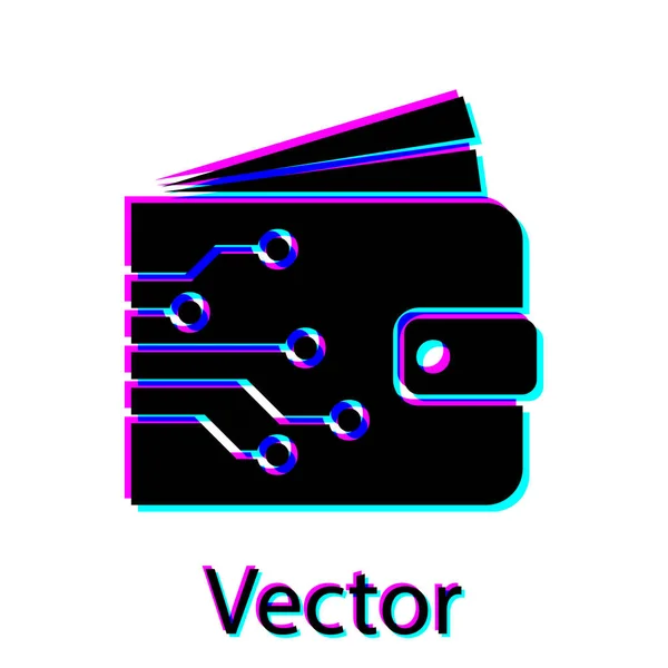 Icono de billetera Criptomoneda Negro aislado sobre fondo blanco. Cartera y bitcoin signo. Concepto minero. Dinero, pago, efectivo, icono de pago. Ilustración vectorial — Vector de stock