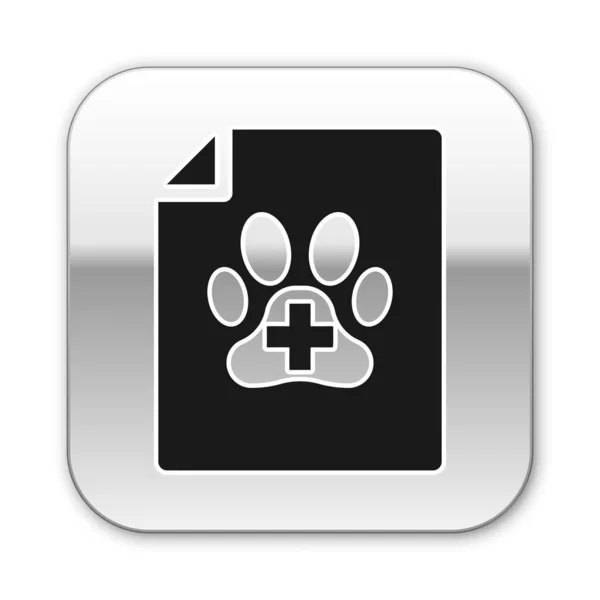 Czarny certyfikat medyczny dla podróży z psem lub ikoną kota na białym tle. Dokument dla zwierzaka. Pies lub kot Paw Print. Srebrny kwadrat przycisk. Ilustracja wektorowa — Wektor stockowy