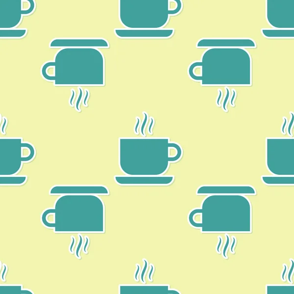 Icono de taza de café verde aislado patrón sin costura sobre fondo amarillo. Taza de té. Café caliente. Diseño plano. Ilustración vectorial — Archivo Imágenes Vectoriales