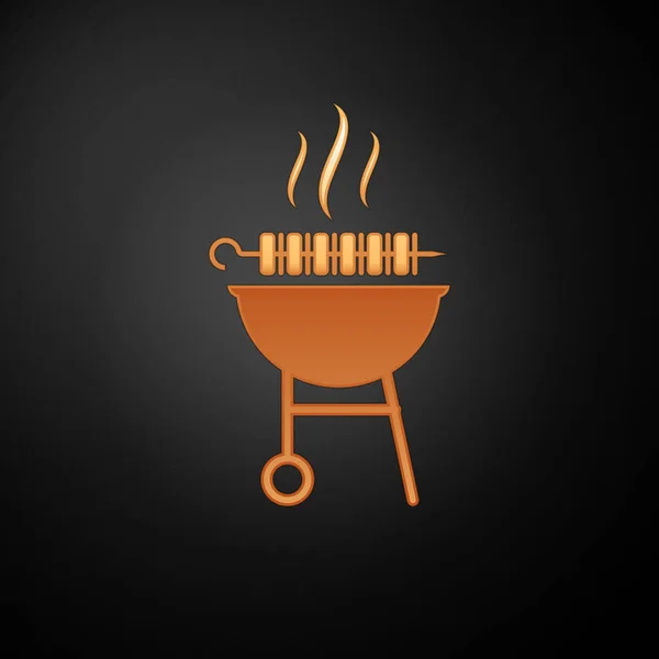 Gold Barbecue grilled shish kebab on skewer stick icon isolated on black background. BBQ meat kebab on skewer stick. Picnic with grill meat. Vector Illustration — Stock Vector