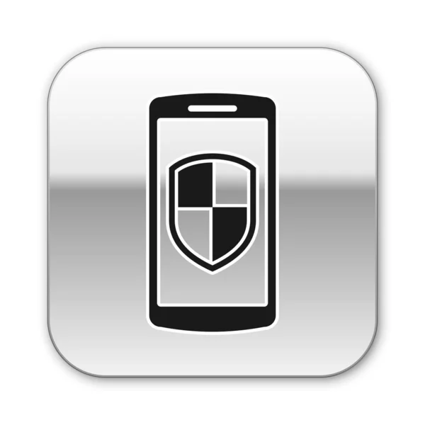 Zwarte smartphone, mobiele telefoon met beveiligings schildpictogram geïsoleerd op witte achtergrond. Zilveren vierkante knop. Vector illustratie — Stockvector