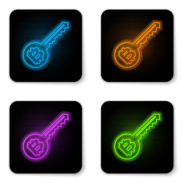 Glowing neon Cryptocurrency key icon isolated on white background. Concept of cyber security or private key, digital key with technology interface. Black square button. Vector Illustration