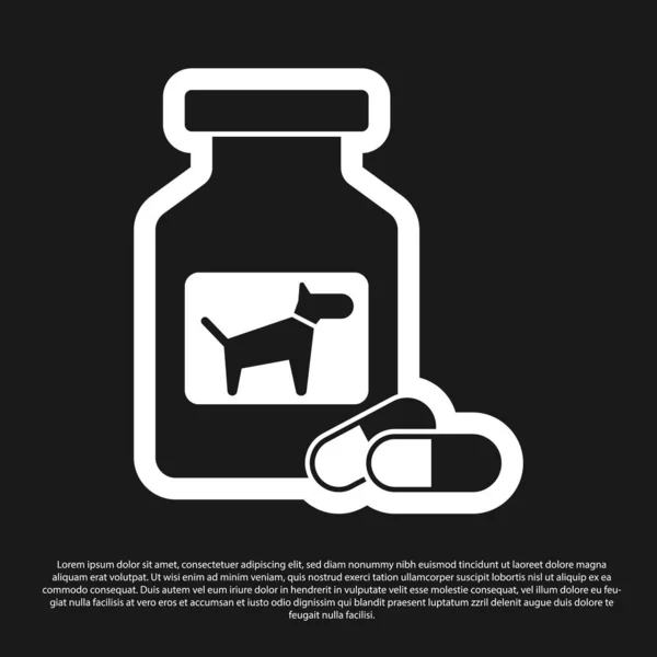 Perro Negro medicamento botella y pastillas icono aislado sobre fondo negro. Contenedor con pastillas. Medicina de prescripción para animales. Ilustración vectorial — Archivo Imágenes Vectoriales