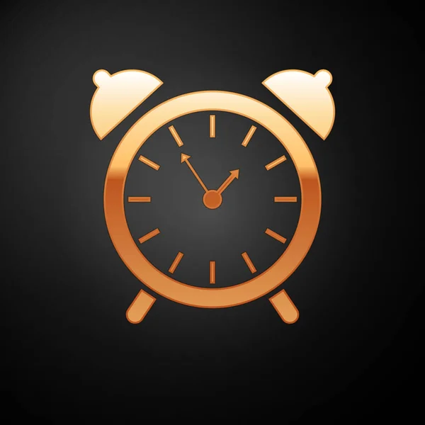 Icono de reloj despertador dorado aislado sobre fondo negro. Despierta, levántate concepto. Señal de tiempo. Ilustración vectorial — Vector de stock