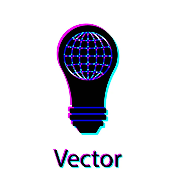 Lâmpada de luz preta com dentro do ícone do globo mundial isolado no fundo branco. Planeta Terra na lâmpada. Conceito de ecologia global. Ilustração vetorial — Vetor de Stock