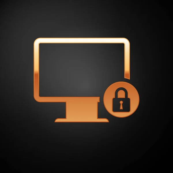 Bloqueo de oro en el icono de la pantalla del monitor del ordenador aislado en fondo negro. Monitor y candado. Seguridad, seguridad, concepto de protección. Interred segura. Ilustración vectorial — Vector de stock