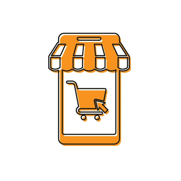 Teléfono móvil naranja y carrito de compras con icono de toldo rayado aislado sobre fondo blanco. Símbolo de compra online. Símbolo de cesta de supermercado. Ilustración vectorial — Vector de stock