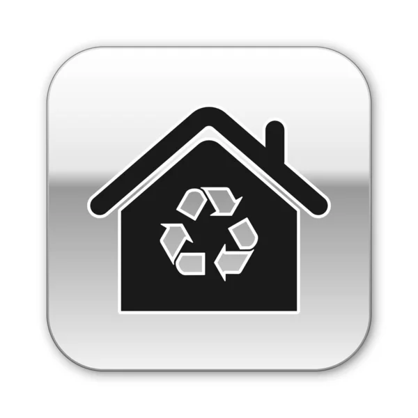 Black Eco House con icono de símbolo de reciclaje aislado sobre fondo blanco. Ecología hogar con flechas de reciclaje. Botón cuadrado plateado. Ilustración vectorial — Vector de stock