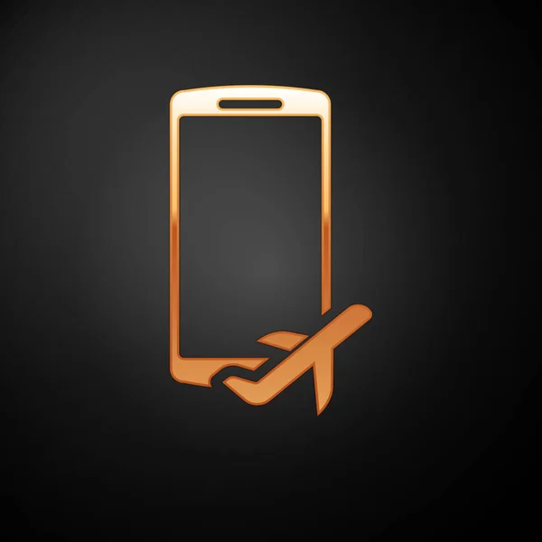 Modo Gold Flight no ícone do telefone móvel isolado no fundo preto. Avião ou avião voo off-line modo de regulação de passageiros companhia aérea. Ilustração vetorial — Vetor de Stock