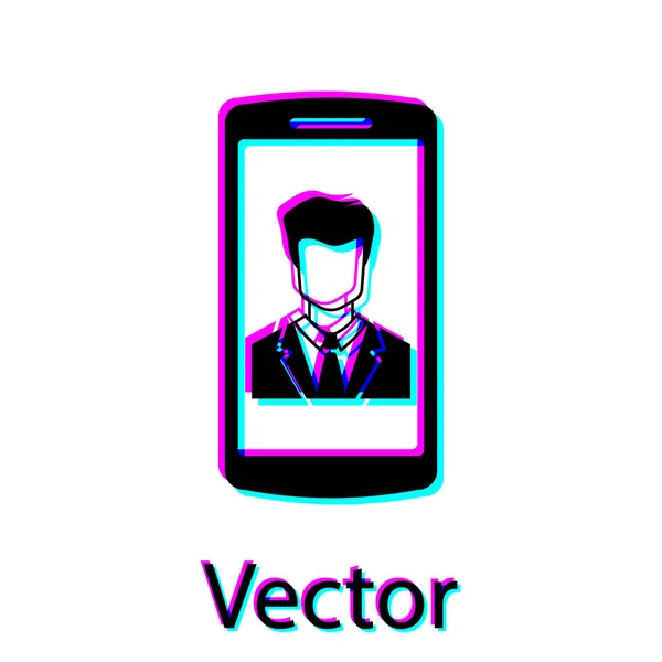 Zwarte smartphone met contact op scherm icoon geïsoleerd op witte achtergrond. Inkomende oproep. Menselijk op telefoon scherm. Contactpersoon bellen. Vector illustratie — Stockvector