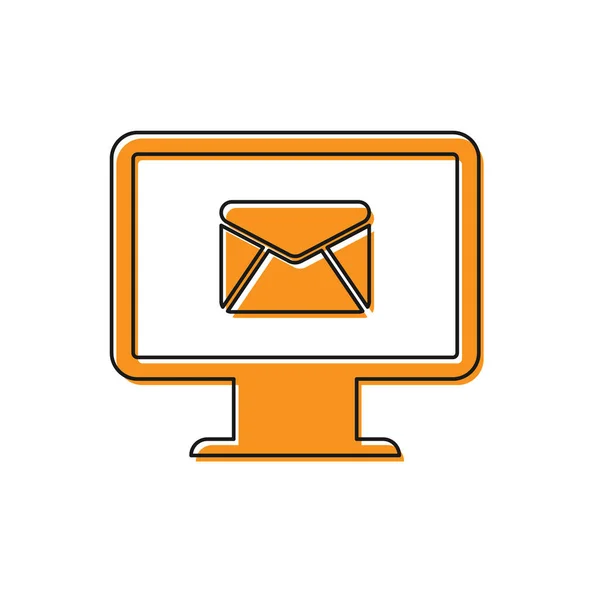 Monitor de ordenador naranja y sobre, nuevo mensaje, correo electrónico, icono de correo electrónico aislado sobre fondo blanco. Uso para boletines de noticias del E-mail, cabeceras, entradas del blog. Ilustración vectorial — Archivo Imágenes Vectoriales