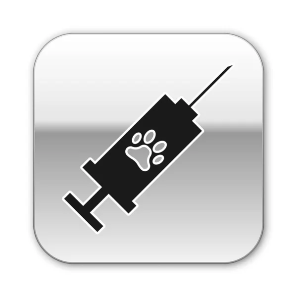 白い背景に隔離されたペットワクチンアイコンを持つ黒い注射器。犬や猫の足のプリント。シルバーの正方形のボタン。ベクトルイラストレーション — ストックベクタ